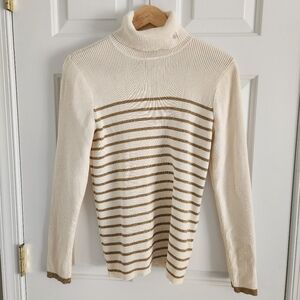 Ralph Lauren Cream  With Gold Metallic Striped Ribbed Cotton Turtleneck